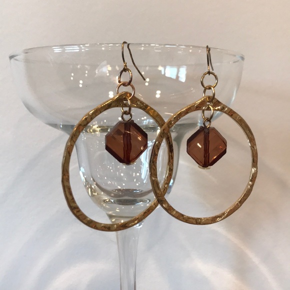Hammered Gold Earrings with Gem Detail. - Picture 1 of 3